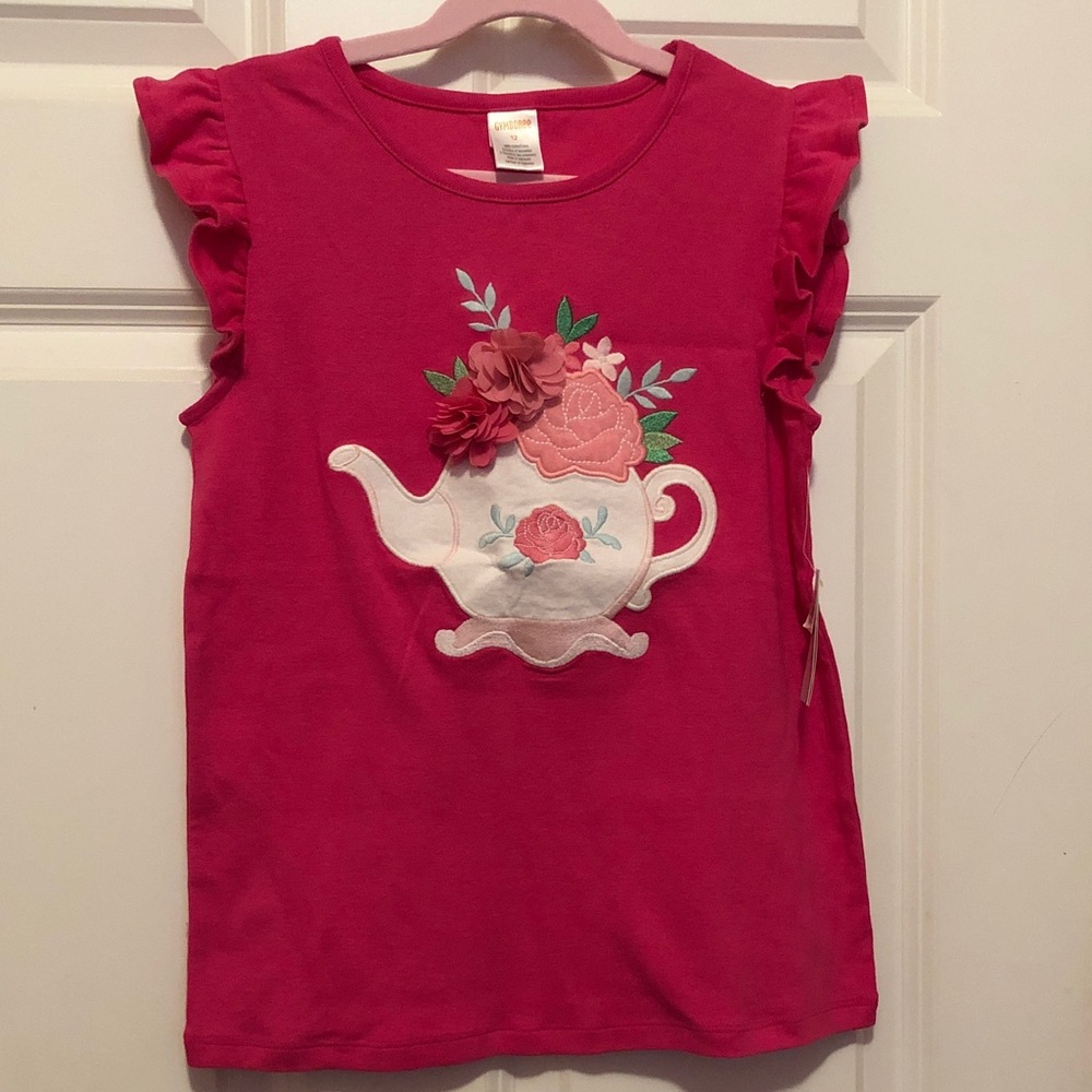 Pink Ruffle Sleeve Girls Top with Teapot Design